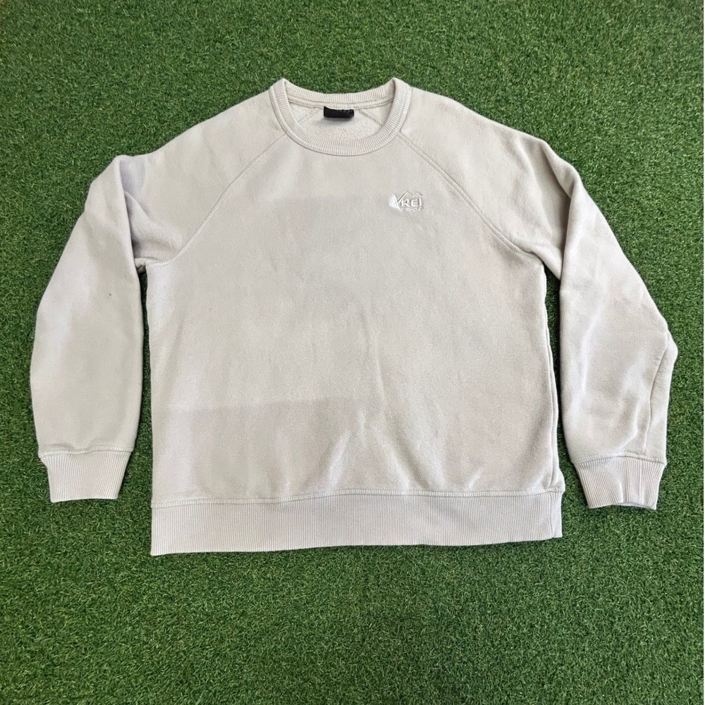 REI Co-op Mens Medium Oatmeal Beige Raglan Crewneck Sweatshirt Fleece Logo